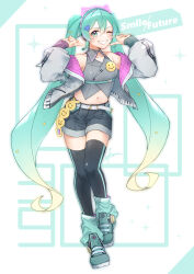 1girl absurdres after0217 animal_ears aqua_eyes aqua_hair aqua_leg_warmers aqua_shoes arms_up belt black_shorts black_thighhighs breasts chest_strap collarbone collared_shirt commentary_request crop_top double-parted_bangs fake_animal_ears full_body grey_shirt grin hair_between_eyes hair_ornament hairclip hatsune_miku highres jacket leg_warmers long_hair long_sleeves looking_at_viewer midriff multicolored_hair nail_polish navel one_eye_closed orange_nails piano_print pink_streaks pointing pointing_at_self puffy_sleeves purple_streaks shirt shoes short_shorts shorts sidelocks sleeveless sleeveless_shirt small_breasts smile smile_x_future_hatsune_miku_design_contest sneakers solo star_(symbol) star_hair_ornament streaked_hair teeth thigh-highs two-sided_fabric two-sided_jacket two-tone_background underbust very_long_hair vocaloid white_belt 