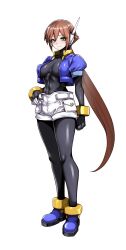  1girl absurdres aile_(mega_man_zx) bodysuit boots breasts brown_hair covered_navel eyelashes full_body gggg gloves green_eyes highres jacket long_bangs long_hair looking_at_viewer mechanical_ears medium_breasts mega_man_(series) mega_man_zx mega_man_zx_advent non-web_source official_art open_clothes open_jacket ponytail short-sleeved_jacket short_sleeves shorts solo thighs transparent_background 