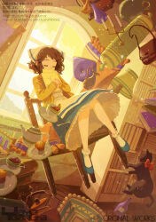  1girl animal apron artist_name bag black_cat blue_shoes blue_skirt book bookshelf bottle bow brown_bag brown_hair candelabra candlestand cardigan cat chair closed_eyes commentary_request cup cupcake food full_body garutaisa hugging_object indoors lamp letter long_sleeves on_chair open_cardigan open_clothes original pantyhose pet petticoat pillow pitcher_(container) plate red_bow rug shoes short_hair sitting skirt slice_of_life slip-on_shoes solo spoon table tea teacup teapot warm_colors watermark white_apron white_pantyhose window yellow_cardigan zero_gravity 