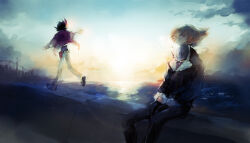  2boys belt_pouch black_hair black_jacket black_pants building clouds cloudy_sky colored_bangs commentary covered_mouth evening facing_away facing_to_the_side fur-trimmed_jacket fur-trimmed_sleeves fur_trim grey_scarf hair_slicked_back highres horizon jacket katsu06 ledge light_particles looking_ahead male_focus multiple_boys ocean open_clothes open_jacket orange_hair outdoors outstretched_arms pants pouch red_jacket scarf scenery sitting sky skyline skyscraper spiky_hair sunlight sunset tsukumo_yuma vector_(yu-gi-oh!) walking_on_wall white_pants yu-gi-oh! yu-gi-oh!_zexal 