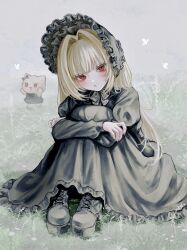  1girl absurdres black_bonnet black_boots black_bow black_dress blonde_hair blunt_bangs blush bonnet boots bow brown_cat bug butterfly cat chinstrap closed_mouth commentary_request dress frilled_bonnet frilled_dress frills full_body gothic_lolita grass hair_intakes highres hugging_own_legs juliet_sleeves lace-up_boots lolita_fashion long_hair long_sleeves looking_at_viewer lulu_(oysi_mysi) on_ground original oysi_mysi puffy_sleeves red_eyes sitting solo white_butterfly 