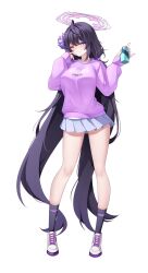  1girl absurdres alt_text alternate_costume black_socks blue_archive bottle breasts buyange closed_mouth commentary_request commission drink full_body grey_skirt halo highres holding holding_bottle holding_drink korean_commentary large_breasts long_hair low_twintails miniskirt one_eye_closed pleated_skirt print_sweater purple_hair purple_halo purple_sweater second-party_source shoes skirt smile socks solo standing sumire_(blue_archive) sweater twintails very_long_hair violet_eyes white_shoes 