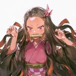  1girl bit_gag blunt_ends brown_hair checkered_sash claw_pose fangs fingernails gag hair_ribbon hands_up japanese_clothes kamado_nezuko kimetsu_no_yaiba kimono long_hair looking_at_viewer multicolored_hair obi obiage orange_hair pink_eyes pink_kimono red_nails ribbon saliva sash sharp_fingernails simple_background sketch slit_pupils solo susukino two-tone_hair upper_body v-shaped_eyebrows white_background wide_sleeves 