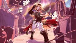  1girl absurdres aircraft airship alternate_costume aqua_eyes barrel belt black_boots black_gloves black_shirt blonde_hair boots building closed_mouth coat commentary commission crane_(machine) crate dokibird dragoon_(dokibird) english_commentary fingerless_gloves full_body gloves hairband heterochromia highres indie_virtual_youtuber lens_flare long_hair looking_at_viewer outdoors pants pirate_costume planet reaching reaching_towards_viewer red_coat red_eyes sailing_ship second-party_source shadow ship shirt smile solo standing star_(sky) troubleshooter_bun very_long_hair virtual_youtuber watercraft white_pants 