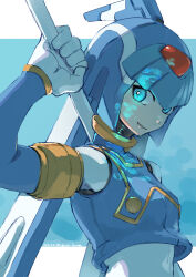  1girl blue_eyes blue_helmet breasts commentary_request crop_top fairy_leviathan_(mega_man) fins forehead_jewel glowing glowing_eye head_fins helmet highres holding holding_weapon looking_at_viewer mega_man_(series) mega_man_zero_(series) omochi_(mochi_skymega) outside_border polearm robot_girl smile solo underwater weapon 