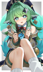  1girl absurdres ahoge animal_ears bare_shoulders blush commentary_request dianzi fiery_tail fire fox_ears fox_girl green_eyes green_hair hair_ornament hat highres honkai:_star_rail honkai_(series) huohuo_(honkai:_star_rail) jewelry lappet long_hair long_sleeves looking_at_viewer paw-shaped_pupils revision ring shirt shorts sitting socks solo symbol-shaped_pupils tail tearing_up white_socks yin_yang yin_yang_hair_ornament yuujin_(yuzinn333) zhuang_hat 