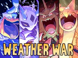  1girl artist_name bird blue_eyes charizard closed_eyes colored_sclera commentary english_commentary english_text fangs fiery_tail fire froslass highres horns laughing leopold65107856 looking_at_viewer mega_charizard_y mega_evolution mega_froslass pelipper pokemon pokemon_(creature) pokemon_champions pokemon_focus rain red_eyes sandstorm smile snow tail tongue tongue_out trait_connection tyranitar wide-eyed yellow_sclera 