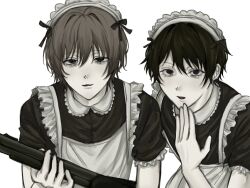  2boys :3 aegyo_sal animification apron arthur_achleitner asymmetrical_bangs black_bow black_dress black_eyes black_hair black_ribbon black_shirt blonde_hair bow bow_hairband brown_hair collared_shirt colored_skin double-barreled_shotgun dress eyelashes facing_viewer frilled_apron frilled_dress frilled_hairband frilled_headwear frilled_sleeves frills gun gun_barrel hair_between_eyes hair_bow hair_ribbon hairband hand_on_own_chin hand_up highres holding holding_gun holding_gun_barrel holding_weapon looking_at_viewer maid maid_apron maid_headdress male_focus mer0_ger0 multiple-barrel_gun multiple_boys nikita_lytkin no_pupils nose_shade open_mouth pale_skin parted_lips pointy_nose pump_action raised_eyebrows real_life ribbon sawed-off_shotgun shirt short_hair short_sleeves shotgun simple_background swept_bangs third-party_edit tos_compliance_edit true_crime upper_body weapon white_apron white_background white_hairband white_skin 