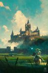  1boy animal artist_name blonde_hair blue_sky castle clouds day epona forest from_behind genel_jumalon grass green_headwear highres horse hylian_shield hyrule_castle link nature navi outdoors riding sitting sky sword the_legend_of_zelda tree wall weapon 