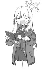 1girl blue_archive closed_eyes collared_shirt cropped_legs greyscale halo harunatsu_akito hawaiian_shirt highres holding jacket konoka_(blue_archive) long_hair long_sleeves monochrome multicolored_hair necktie off_shoulder open_clothes open_jacket open_mouth pleated_skirt puffy_long_sleeves puffy_sleeves shirt simple_background skirt solo streaked_hair sweat very_long_hair wavy_mouth white_background 