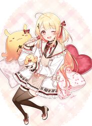  1girl :d ahoge black_thighhighs blonde_hair brown_dress commentary_request dress gradient_hair hair_ornament hair_ribbon highres holding hololive hololive_dev_is jacket long_hair multicolored_hair musical_note musical_note_hair_ornament neck_ribbon nogikawa one_eye_closed one_side_up open_mouth orange_hair otonose_kanade piano_print red_eyes red_ribbon ribbon shoes smile solo thigh-highs thigh_strap virtual_youtuber white_jacket white_shoes 