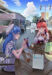  2girls 35p_(sakura_miko) absurdres ahoge asakura_(asa_t77) bare_shoulders beret black_headwear blue_eyes blue_hair blue_sky chair closed_eyes clouds commentary_request copyright_name crepe detached_sleeves drinking_straw eating food food_truck green_eyes hair_between_eyes hat highres holding holding_food hololive hoshimachi_suisei juice_box lamppost long_hair looking_at_another mikodanye multiple_girls pink_hair sakura_miko shadow shirt short_sleeves sign sitting sky smile table virtual_youtuber white_headwear white_shirt 