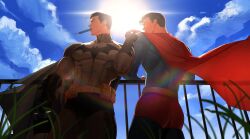  2boys bat_mask batman batman_(series) batman_symbol belt black_cape black_gloves black_hair blue_bodysuit blue_sky bodysuit bruce_wayne cape clark_kent dc_comics food gloves grey_bodysuit highres holding holding_food holding_ice_cream ice_cream multiple_boys muscular muscular_male red_cape short_hair sky smallstarrrr sun superhero_costume superman superman_(series) utility_belt 