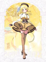 1girl black_gloves black_shoes black_thighhighs blonde_hair closed_mouth drill_hair fingerless_gloves gloves highres long_hair looking_at_viewer magical_girl mahou_shoujo_madoka_magica mahou_shoujo_madoka_magica:_walpurgis_no_kaiten serizawa_serizane shirt shoes skirt smile solo thighhighs tomoe_mami tomoe_mami_(magical_girl) white_shirt yellow_eyes yellow_skirt