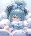  &gt;_&lt; 1girl aqua_eyes aqua_hair bangs bare_shoulders blue_bow blue_hair blue_nails blush_stickers bow cinnamiku cinnamoroll commentary covered_mouth creature crossover double_bun ear_bow english_commentary hair_between_eyes hair_bow hair_bun hands_up hatsune_miku headphones looking_at_viewer open_mouth portrait sanrio suoniko tied_ears updo vocaloid 