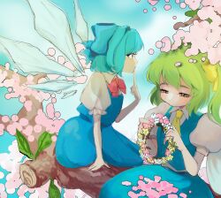  2girls absurdres ascot blue_dress blue_eyes blue_hair blue_skirt blue_sky blue_vest bow bowtie cirno clouds collared_shirt commentary_request daiyousei dress feet_out_of_frame flower green_eyes green_hair hair_bow half-closed_eyes head_wreath highres ice ice_wings index_finger_raised looking_afar momonhashi multiple_girls petals pink_flower puffy_short_sleeves puffy_sleeves red_bow red_bowtie shirt short_hair short_sleeves sitting sitting_on_branch skirt skirt_set sky touhou vest white_shirt wings yellow_ascot yellow_bow 