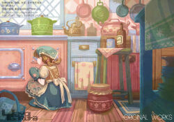  1girl apron artist_name bandana blue_skirt bottle brown_hair brown_shirt cabinet commentary_request cooking cooking_pot facing_away from_behind frying_pan garutaisa green_bandana indoors kitchen low_twintails medium_hair original oven oven_mitts shirt skirt slice_of_life solo squatting stool teapot twintails warm_colors watermark white_apron window wooden_floor 
