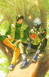  2boys absurdres bandaged_ankle black_gloves black_hair black_headband black_pants black_shirt black_shoes blunt_bangs bodysuit book bowl_cut cheekbones closed_eyes commentary day english_commentary fingerless_gloves flak_jacket gloves green_bodysuit green_vest grey_hair grin hand_to_own_mouth hatake_kakashi headband headband_over_one_eye highres holding holding_book in_tree jacket konohagakure_symbol leg_warmers m0_mo_momo male_focus mask might_guy mouth_mask multiple_boys multiple_scars naruto_(series) open-toe_shoes orange_leg_warmers outdoors pants reading ribbed_leg_warmers scar scar_on_hand shirt shoes short_hair sitting smile teeth thick_eyebrows tree vest 
