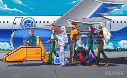  2boys aircraft airplane blonde_hair blue_eyes bodysuit breasts brown_hair charles_xavier colored_bangs cyclops_(x-men) emma_frost fur_trim gloves green_eyes head-mounted_display highres jacket jean_grey jewelry kensuke_creations long_hair marvel multicolored_bodysuit multicolored_hair multiple_boys rogue_(x-men) smile storm_(x-men) two-tone_hair white_hair x-men x-men_evolution x-uniform yellow_bodysuit yellow_gloves 
