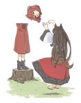  2girls animal_ears bangs barefoot black_eyes black_footwear boots bow cloak disembodied_head dress full_body grass hair_bow highres imaizumi_kagerou looking_at_viewer multiple_girls outdoors peroponesosu. purple_bow red_dress redhead sekibanki short_hair simple_background standing touhou tree_stump two-tone_dress white_background white_dress wolf_ears 