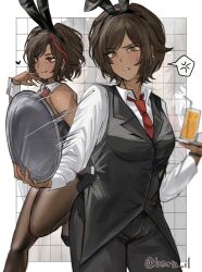  1girl black_pants black_vest brown_eyes brown_hair collared_shirt commentary_request convenient_censoring dark-skinned_female dark_skin glass highres holding holding_tray la_manchaland_(identity)_(project_moon) latorta_il limbus_company multicolored_hair necktie outis_(project_moon) pants playboy_bunny project_moon red_streaks shirt short_hair single_hair_streak streaked_hair tray vest white_shirt 