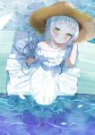  1girl absurdres bangs bare_shoulders barefoot blush collarbone commentary_request day dress green_eyes grey_hair hat highres hololive long_hair looking_at_viewer murasaki_shion nappi0110 sitting solo straw_hat virtual_youtuber water white_dress 