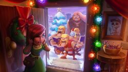  1girl 5boys bald barbarian_(clash_of_clans) blonde_hair book brown_hair candy candy_cane christmas christmas_lights christmas_tree christmas_wreath clash_of_clans dress earmuffs facial_hair food giant_(clash_of_clans) green_dress highres holding holding_book multiple_boys mustache mutton_chops official_art open_door orange_hair red_scarf scarf skeleton skeleton_(clash_of_clans) toon_(style) villager_(clash_of_clans) wreath 
