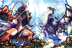  artist_name black_outline black_sclera blue_sky claws closed_mouth colored_sclera commentary day grass highres koraidon leopold65107856 looking_at_viewer miraidon outdoors outline pokemon pokemon_(creature) pokemon_focus sky smoke standing tail untranslatable_commentary yellow_eyes 