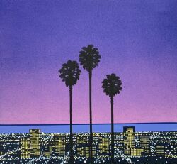  building city city_lights cityscape clear_sky commentary_request evening highres hiroshi_nagai horizon no_humans ocean original outdoors palm_tree purple_sky sky skyscraper traditional_media tree water 