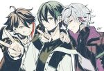  3boys ahoge arm_around_neck bangs black_shirt cherico closed_mouth ear_piercing expressionless fuwa_minato green_eyes grey_hair grin hair_between_eyes hand_up highres hood hooded_jacket hoodie jacket long_sleeves looking_at_viewer male_focus mayuzumi_kai multicolored_hair multiple_boys nijisanji open_clothes open_jacket outstretched_arm piercing profile purple_jacket reaching_out saegusa_akina shirt short_hair sideways_mouth signature simple_background smile streaked_hair upper_body v violet_eyes virtual_youtuber white_background white_hoodie white_jacket 