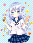  1girl bangs bitter_crown black_ribbon blue_eyes blue_sailor_collar blue_skirt blush character_name closed_mouth commentary_request diagonal_stripes double_scoop floral_background food gochuumon_wa_usagi_desu_ka? grey_hair hair_between_eyes hair_ornament highres holding holding_food ice_cream ice_cream_cone kafuu_chino long_hair looking_at_viewer neck_ribbon plaid plaid_sailor_collar plaid_skirt pleated_skirt ribbon sailor_collar shirt short_sleeves skirt smile solo striped striped_background two_side_up very_long_hair white_shirt x_hair_ornament 