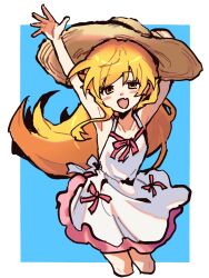  1girl :d apron armpits arms_up bare_arms bare_legs bare_shoulders black_outline blonde_hair blue_background blush_stickers border bow bow_apron collarbone commentary cowboy_shot cropped_legs dot_nose fang flat_chest flipped_hair hair_between_eyes hair_flaps hair_over_shoulder hand_on_headwear hat highres knees_together_feet_apart long_hair looking_at_viewer monogatari_(series) open_mouth oshino_shinobu outline pink_skirt red_bow shadow sidelocks simple_background skirt smile solo square_neckline straw_hat unizuma_eleven untranslatable_commentary very_long_hair waist_bow waving white_apron white_border yellow_eyes 