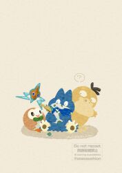  absurdres beak bird blue_eyes claws commentary_request duck egg floating green_eyes hatching highres holding holding_pokemon munchlax no_humans open_mouth owl pokemon pokemon_(creature) pokemon_focus psyduck rotom rotom_(normal) rowlet simple_background zozozoshion 