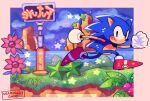  1boy brown_eyes clenched_hands clouds flower from_side furry furry_male gloves jill_(seaminglygood) looking_at_viewer male_focus pink_flower red_footwear running sky smile solo sonic_(series) sonic_the_hedgehog sonic_the_hedgehog_(classic) star_(sky) star_(symbol) white_gloves 