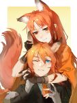animal_ear_fluff animal_ears arknights bandaged_fingers bandaged_hand bandages black_gloves black_jacket blue_eyes blush brown_eyes closed_mouth collared_shirt commentary_request dated gloves highres jacket long_hair one_eye_closed orange_hair parted_lips qian8102 redhead sciurus_browntail_(arknights) shirt signature squirrel_boy squirrel_ears squirrel_girl two-tone_background white_background white_shirt yellow_background yucatan_(arknights)