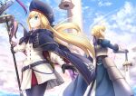  2girls ahoge armor armored_dress armored_gloves artoria_caster_(fate) artoria_caster_(second_ascension)_(fate) artoria_pendragon_(fate) belt black_bow black_gloves blonde_hair blue_belt blue_bow blue_cape blue_cloak blue_dress blue_sky bow buttons cape cloak closed_mouth clouds cloudy_sky commentary_request dress dual_persona excalibur_(fate/stay_night) fate/grand_order fate/stay_night fate_(series) floating_hair flower fur-trimmed_cape fur_trim gloves gold_trim green_eyes hair_bow hair_bun hat holding holding_staff holding_sword holding_weapon juliet_sleeves long_hair long_sleeves looking_away multiple_girls open_mouth petals photoshop_(medium) pink_flower puffy_sleeves ribbon saber shoori_(migiha) short_hair single_hair_bun sky smile staff sword teeth weapon white_dress 