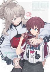  2girls arm_around_neck braid breasts commentary_request fang girls_band_cry grey_eyes grey_hair half_updo height_difference highres iseri_nina kawaragi_momoka long_hair long_sleeves medium_breasts milk_puppy multicolored_hair multiple_girls open_mouth roots_(hair) shirt short_sleeves shrug_(clothing) side_braids twirling_hair white_shrug yuri 