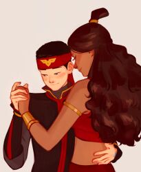  1boy 1girl aang armlet avatar:_the_last_airbender avatar_legends black_hair blush bracelet brown_hair closed_mouth commentary dancing dark-skinned_female dark_skin english_commentary gold_armlet grey_background headband height_difference highres holding_hands jennipond jewelry katara long_hair looking_at_another midriff official_alternate_costume red_headband simple_background smile wavy_hair 