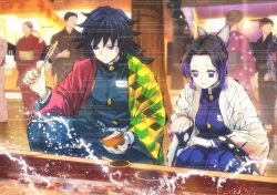  animal_print belt black_hair black_jacket black_pants blue_eyes breasts butterfly_hair_ornament butterfly_print butterfly_print_haori closed_mouth colored_tips crowd demon_slayer_uniform festival goldfish_scooping hair_ornament hakama hakama_pants haori highres jacket japanese_clothes kimetsu_no_yaiba kochou_shinobu long_hair medium_breasts medium_hair multicolored_hair multiple_boys multiple_girls niku_(ni23ku) pants parted_bangs parted_lips poi_(goldfish_scoop) print_haori purple_hair sidelocks smile squatting tomioka_giyuu updo violet_eyes watermark white_belt 