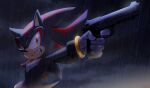  1boy animal_nose bracelet clenched_teeth furry furry_male gloves gun highres holding holding_gun holding_weapon jewelry male_focus night night_sky nisibo25 rain red_eyes shadow_the_hedgehog sky solo sonic_(series) teeth upper_body weapon white_gloves 