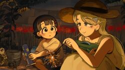  2girls absurdres art_supplies baby_animal bird black_hair blonde_hair blue_eyes bucket chicken commentary diva_(hyxpk) dress duck duckling earrings english_commentary eyelashes fireworks flower grey_eyes hat highres holding holding_fireworks jewelry long_hair multiple_girls night original shirt short_hair sparkler spider_lily stud_earrings sunflower tearing_up white_shirt yellow_dress 