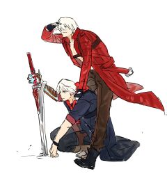  2boys 469nn arm_up bare_pectorals black_boots black_pants blue_coat blue_eyes boots brown_boots brown_pants buttons chest_strap closed_mouth coat commentary dante_(devil_may_cry) devil_may_cry_(series) devil_may_cry_4 fingerless_gloves frown full_body gloves hand_on_another's_shoulder highres holding holding_sword holding_weapon long_sleeves male_focus multicolored_coat multiple_boys nero_(devil_may_cry) pants parted_bangs pectorals planted planted_sword prosthesis prosthetic_arm red_coat shading_eyes short_hair simple_background smile squatting sword two-tone_coat uncle_and_nephew weapon white_background white_hair 
