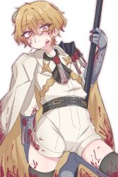  1boy armor ascot belt black_ascot black_belt black_thighhighs blonde_hair blood blood_in_hair blood_on_clothes blood_on_face closed_mouth commentary gauntlets highres holding holding_weapon kyabetuuni limbus_company looking_at_viewer male_focus n_corp._fanatic_(identity)_(project_moon) pauldrons polearm project_moon shaded_face shirt short_hair shorts shoulder_armor simple_background sinclair_(project_moon) single_pauldron solo suit thigh-highs wax_seal weapon white_background white_shirt white_shorts white_suit yellow_eyes zettai_ryouiki 