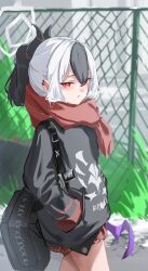  1girl absurdres bag black_bag black_hair black_hoodie black_horns blue_archive blush breath commentary demon_horns demon_wings earclip from_side grey_halo halo hands_in_pockets highres hood hoodie horns kayoko_(blue_archive) long_hair long_sleeves multicolored_hair outdoors parted_lips ponytail purple_wings red_eyes red_scarf scarf seeyouu73 single_wing solo two-tone_hair white_hair wings 