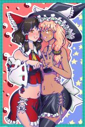  absurdres ascot back_bow bare_shoulders black_bra black_thighhighs blonde_hair bow bra braid breasts brown_eyes brown_hair choker dark_skin detached_sleeves frilled_bow frilled_hair_tubes frills green_nails groin gyaru hair_bow hair_tubes hakurei_reimu hat hat_bow highres kirisame_marisa long_hair midriff miniskirt navel_piercing otocai piercing red_bow red_nails red_skirt ribbon-trimmed_sleeves ribbon_trim side_braid single_braid skirt skirt_set small_breasts smile tan thigh-highs thighs touhou underwear white_bow white_choker witch witch_hat yellow_ascot yellow_nails 