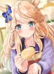  1girl animal_ears apron bangs blonde_hair blue_bow blue_eyes blurry blurry_background blush bow closed_mouth collarbone commentary_request depth_of_field ear_bow feeding food gold_city_(umamusume) holding holding_food horse_ears indoors long_hair long_sleeves looking_at_viewer motoi_ayumu puffy_long_sleeves puffy_sleeves purple_shirt red_apron school_uniform shirt solo tracen_school_uniform umamusume upper_body very_long_hair 