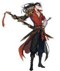  1boy absurdres armor black_boots black_hair black_pants boots coat drawing_sword full_body hand_on_own_hip highres holding holding_sword holding_weapon liu_zhigang long_hair looking_at_viewer official_art pants pauldrons red_coat red_eyes shoulder_armor simple_background single_pauldron solo solo_leveling solo_leveling:_arise sword weapon white_background 