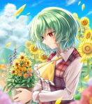  1girl absurdres ascot bangs blue_sky blurry blush breasts closed_mouth clouds cloudy_sky collared_shirt commentary_request eyes_visible_through_hair fingernails flower frills grass green_flower green_hair grey_shirt hair_between_eyes highres jar kazami_yuuka kinese_(katasutorohu) leaf long_fingernails long_sleeves looking_down medium_breasts mountain nature open_clothes open_vest orange_flower outdoors petals pink_flower plaid plaid_skirt plaid_vest puffy_long_sleeves puffy_sleeves purple_flower red_skirt red_vest scenery shirt short_hair skirt sky smile solo standing sunflower touhou vest yellow_ascot yellow_flower 