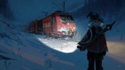  1girl absurdres flashlight highres holding holding_flashlight jacket mountainous_horizon night original parka percivale power_lines short_hair snow snowing sword train weapon 