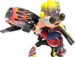  3d black_pants blonde_hair body_armor flame_print full_body holding holding_weapon ink_tank_(splatoon) long_sleeves looking_to_the_side octoling_boy octoling_player_character official_art on_one_knee open_mouth pants pompadour range_blaster_(splatoon) shoes splatoon_(series) transparent_background weapon yarrwhal_(splatoon) 